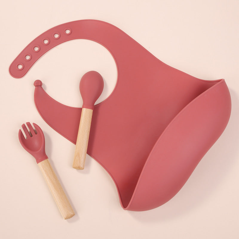 Silicone Wooden Spoon and Fork Set For Baby (Purplish Red)