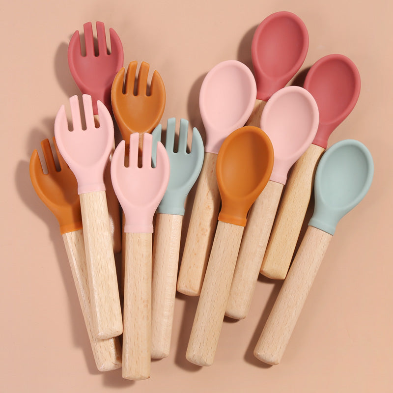 Silicone Wooden Spoon and Fork Set For Baby (Purplish Red)