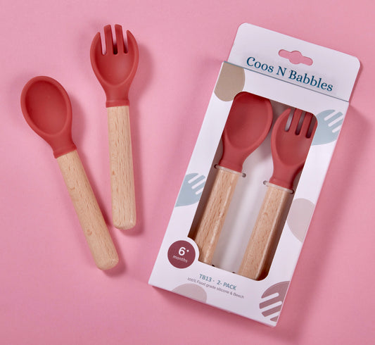 Silicone Wooden Spoon and Fork Set For Baby (Purplish Red)
