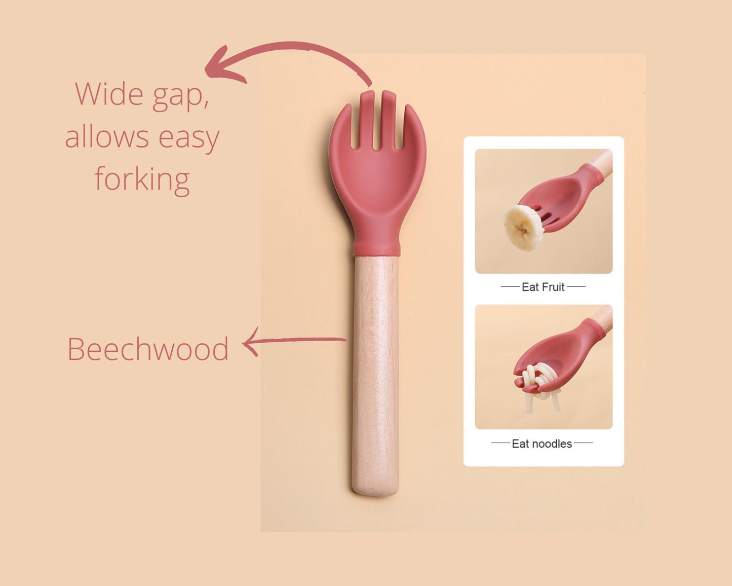 Silicone Wooden Spoon and Fork Set For Baby (Purplish Red)