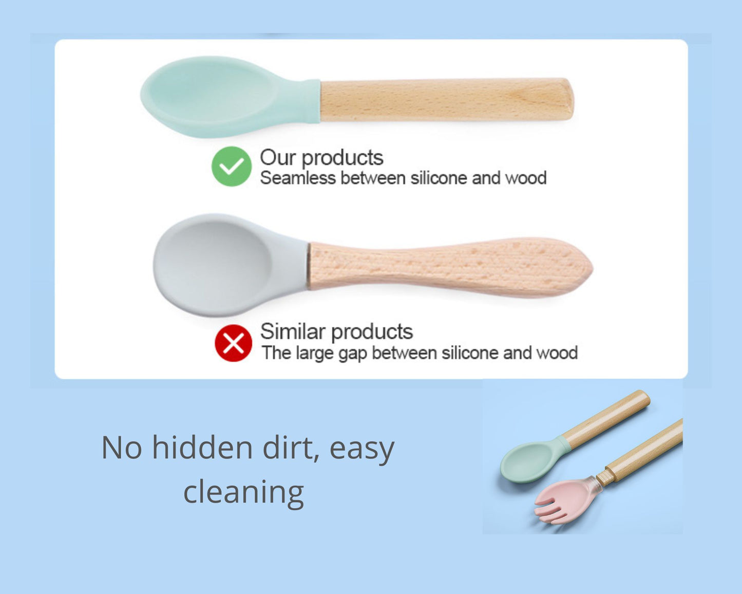 Silicone Wooden Spoon and Fork Set For Baby (Purplish Red)