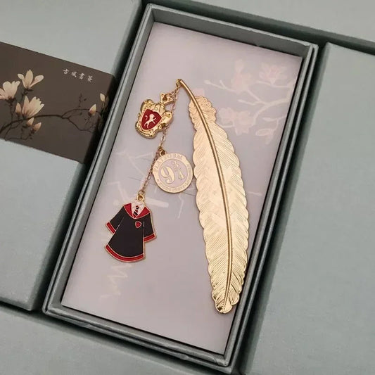 Harry Potter Exquisite Gold Feather Bookmark with Enamel Charms
