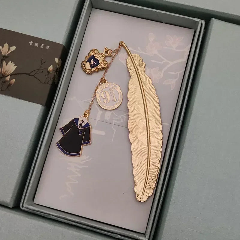 Harry Potter Exquisite Gold Feather Bookmark with Enamel Charms