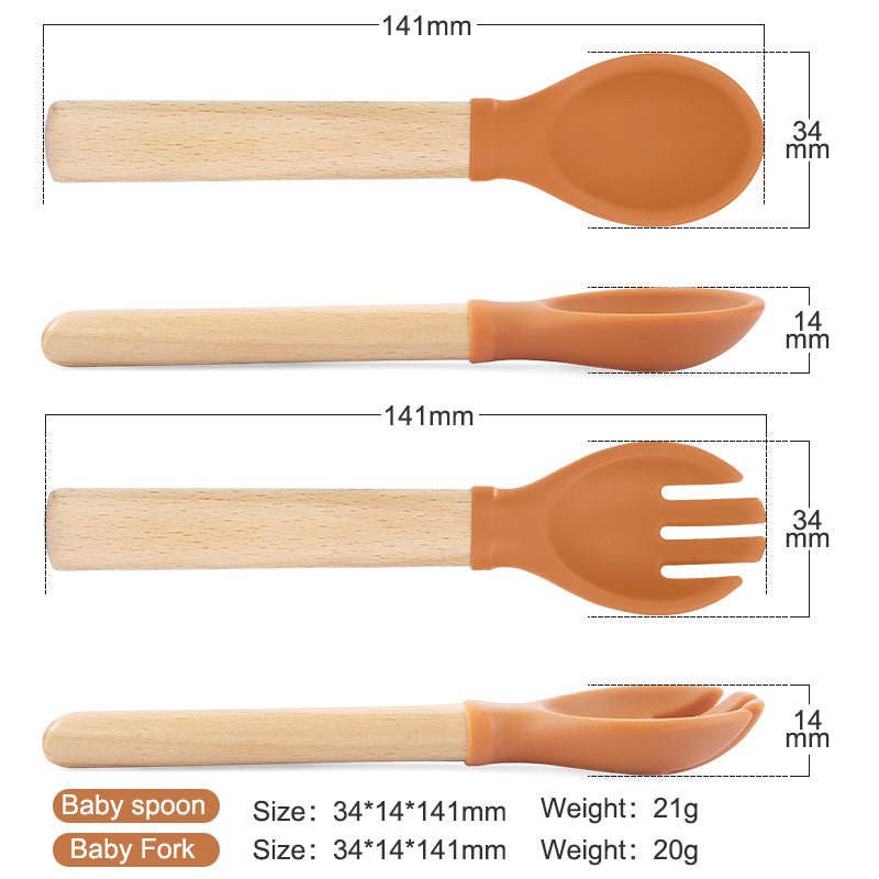 Silicone Wooden Spoon and Fork Set For Baby (Purplish Red)