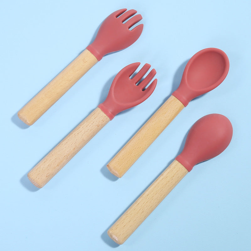 Silicone Wooden Spoon and Fork Set For Baby (Purplish Red)